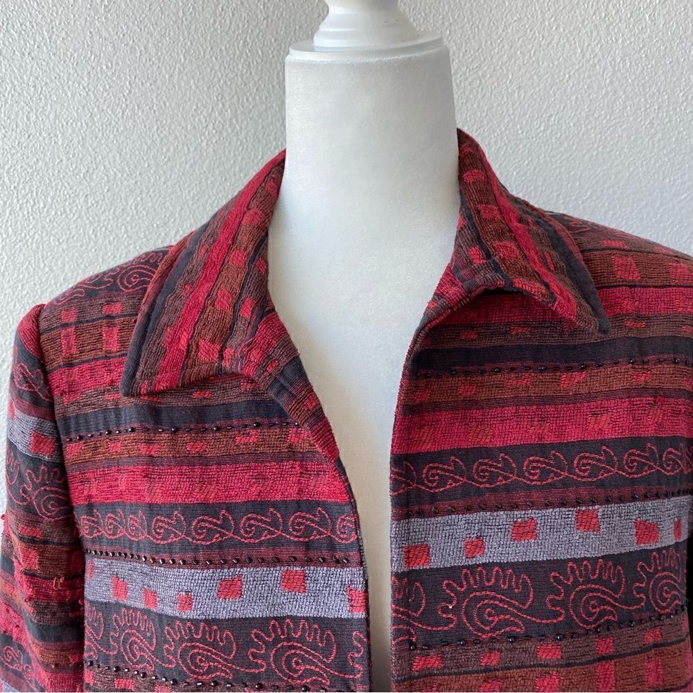Alfred Dunner Aztec Pattern Jacket Red Beaded Open Front SZ 14 - Picture 6 of 14